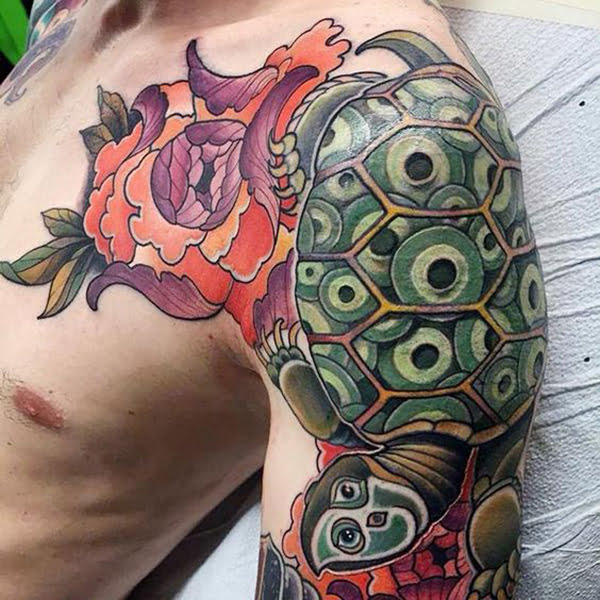 Tortoise with Multiple Eyes and a Flower Turtle Tattoos