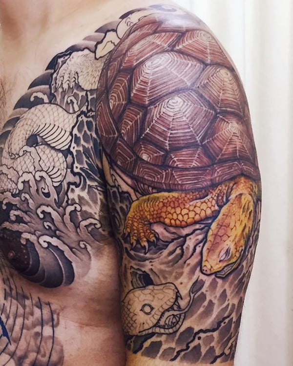 Tortoise and Snake with Partial Color Turtle Tattoos