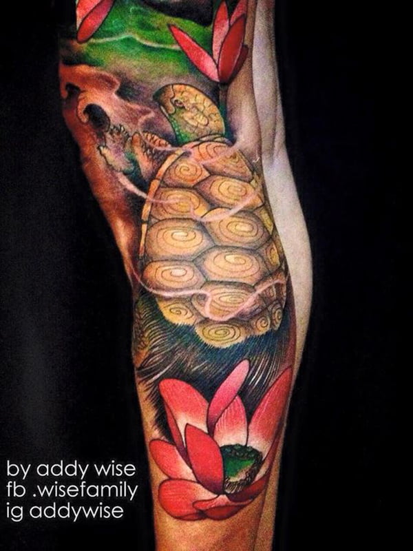 Turtle Over Lotus Flower Tattoo