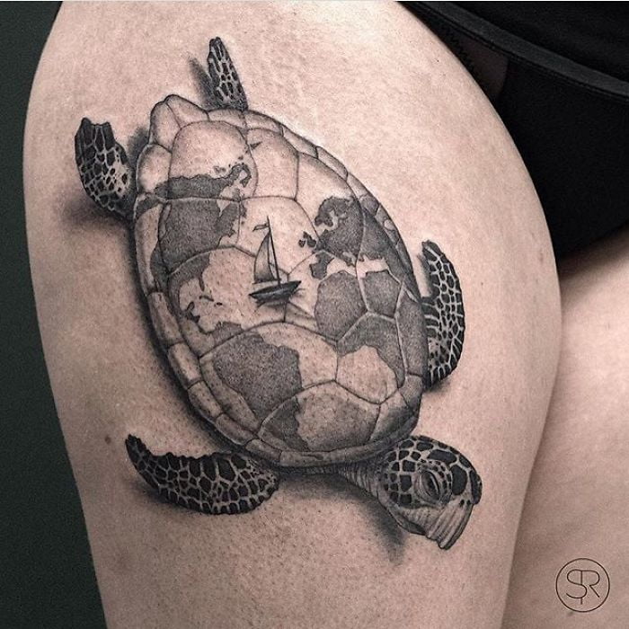 Sea Turtle with Continents on Back Turtle Tattoos