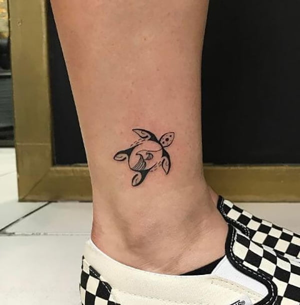 Tiny Sea Turtle with Waves on Shell Turtle Tattoos