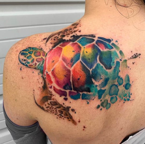 Rainbow Watercolor Sea Turtle Tattoo