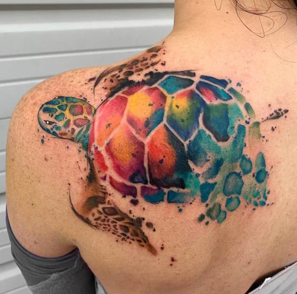 Rainbow Watercolor Sea Turtle Tattoo