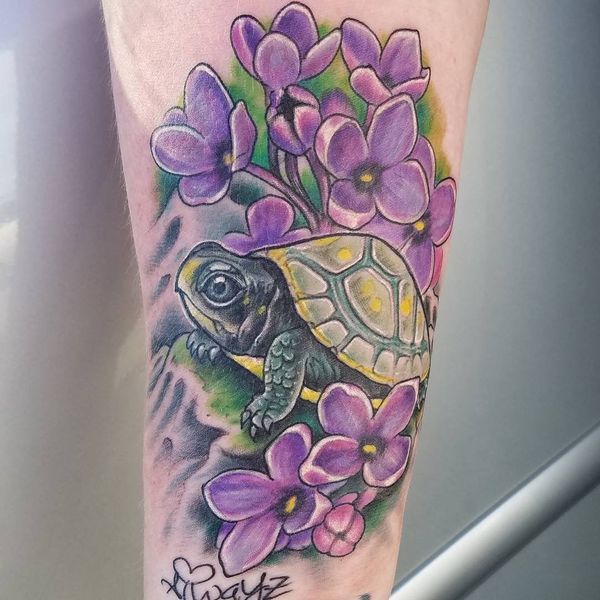 Tiny Turtle with Purple Flowers Turtle Tattoos