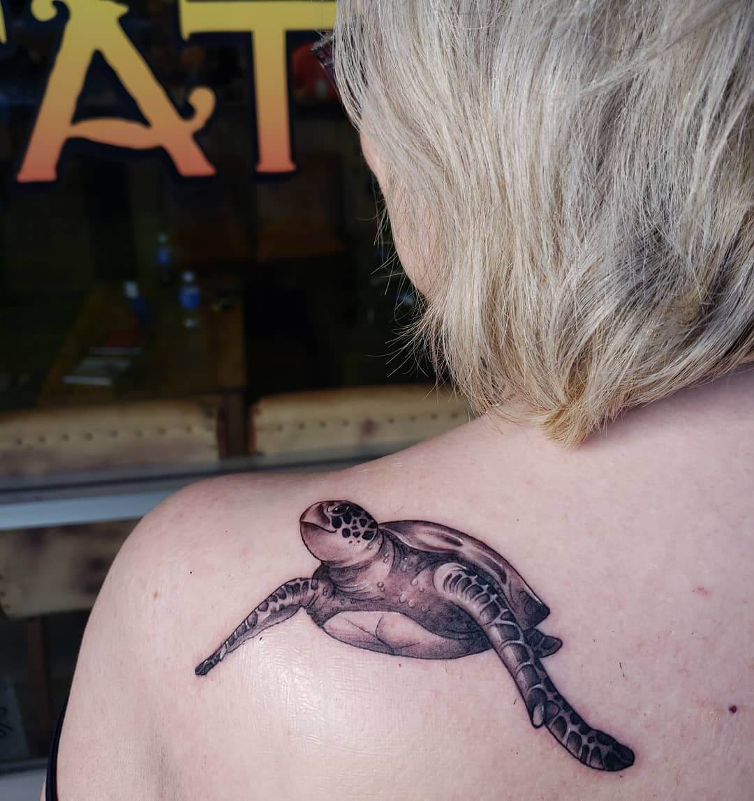 Realistic Sea Turtle on Shoulder Turtle Tattoos