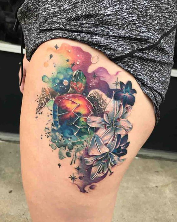 Watercolor Sea Turtle and Flowers Turtle Tattoos