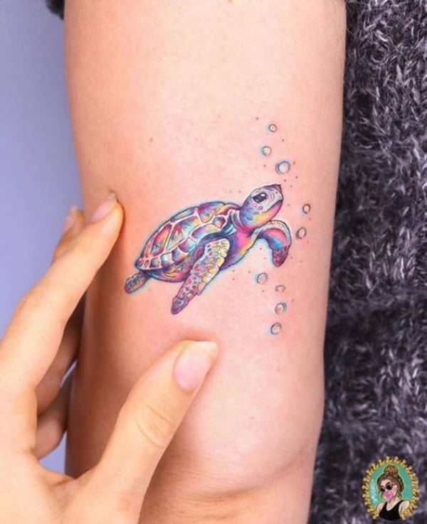 Sea Turtle with Soft Colors and Bubbles Turtle Tattoos