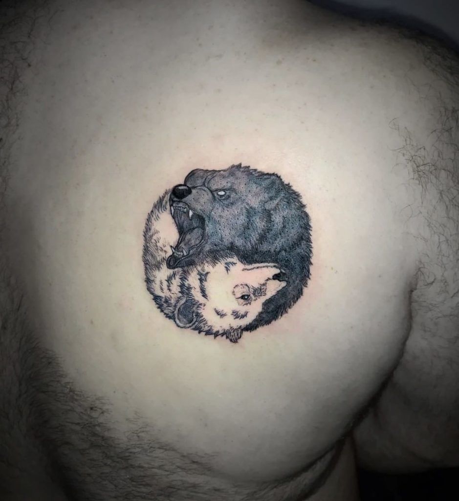 Realistic Bear Yin Yang Tattoo in Grayscale