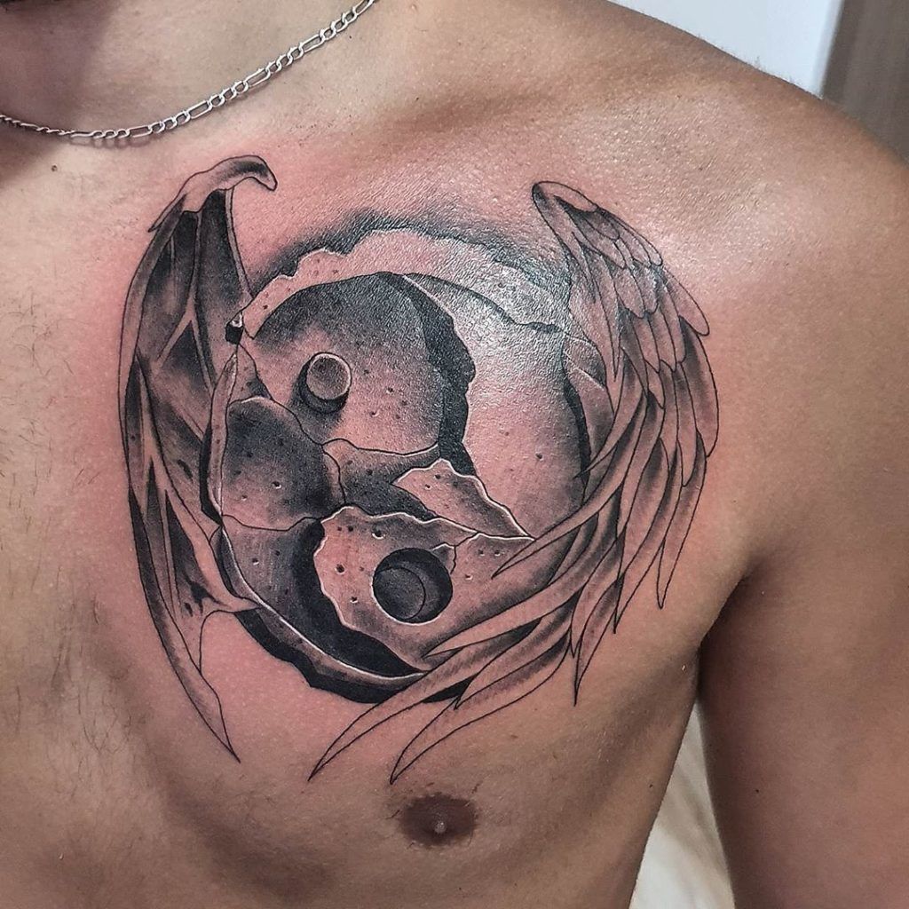 Angel and Devil Wings Stone Yin-Yang Tattoo