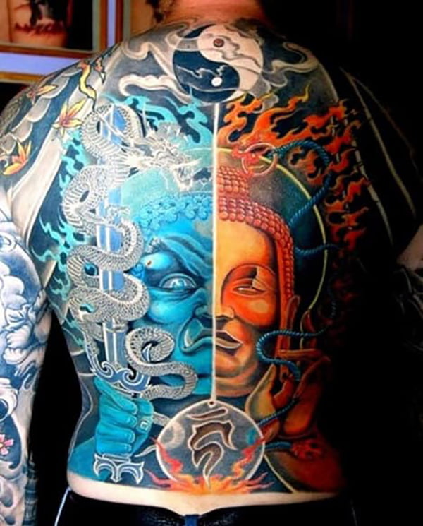 Buddha Two-Face Yin-Yang Full Back Tattoo