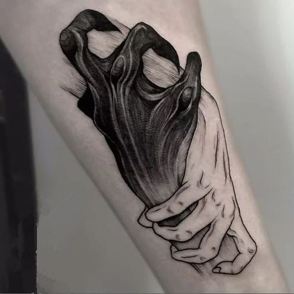 Grayscale Clutching Hands Yin-Yang Tattoo