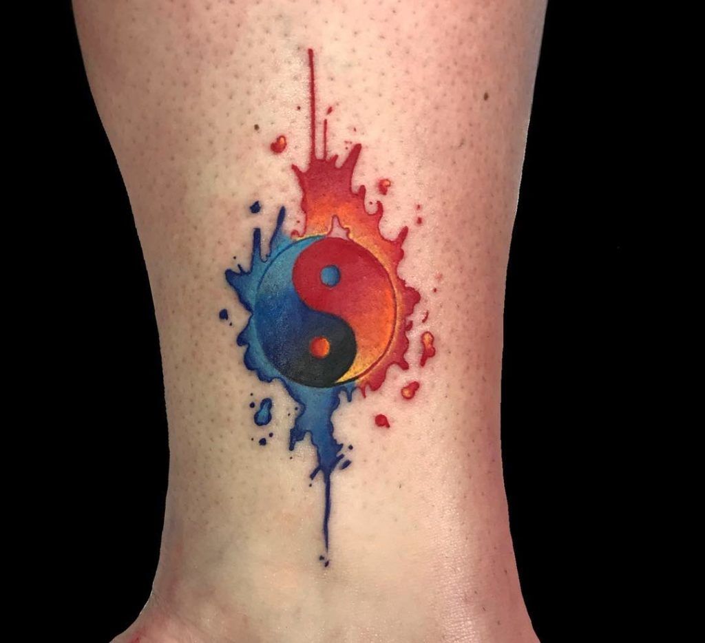 Watercolor Red and Blue Yin-Yang Tattoo