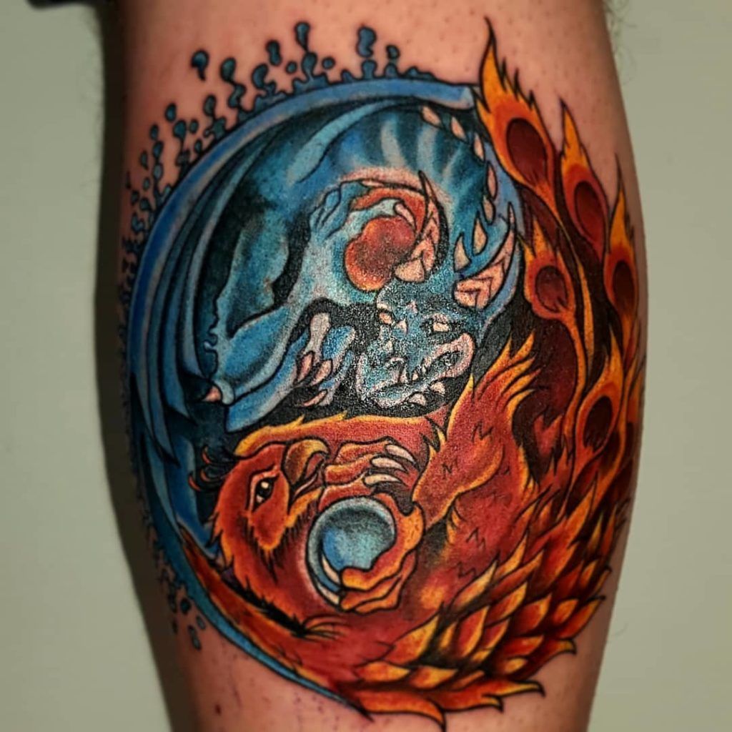 Dragon and Phoenix Yin-Yang Color Tattoo
