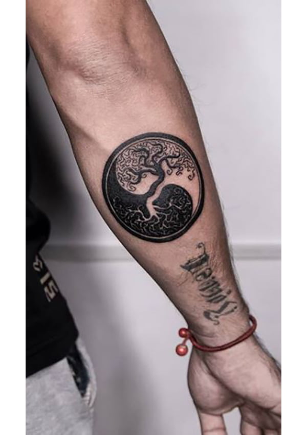 Blackwork Two Trees Yin-Yang Tattoo, Yin and Yang Tattoo