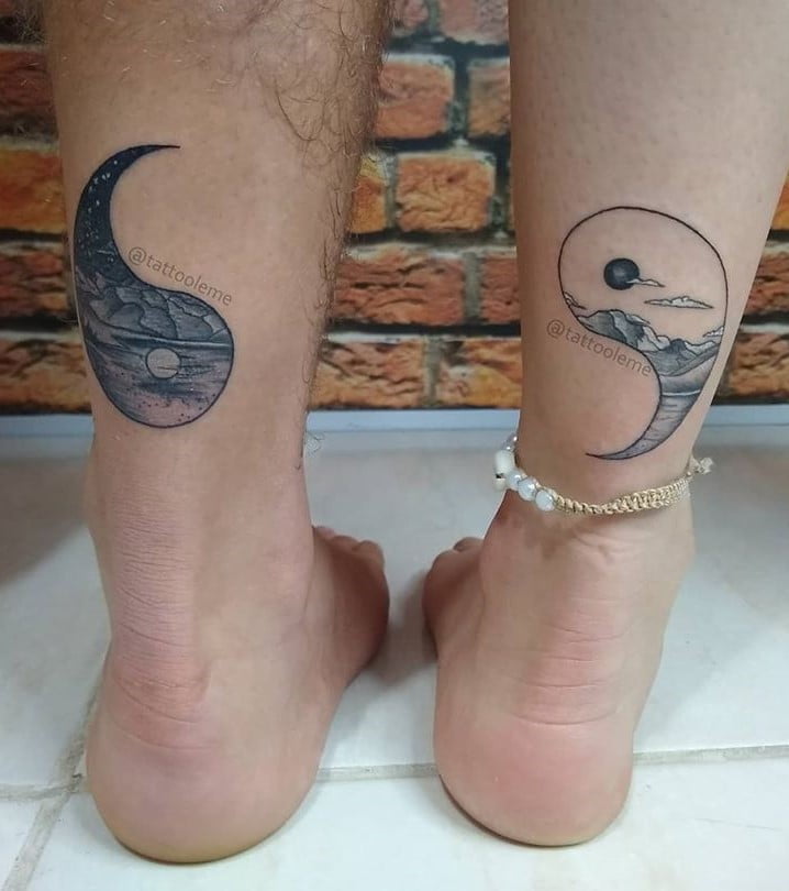 Land and Sky Grayscale Couples Yin-Yang Tattoo