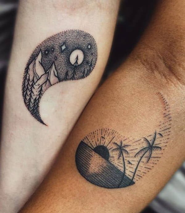 Illustrative Landscape Mountain Ocean Yin-Yang Tattoo