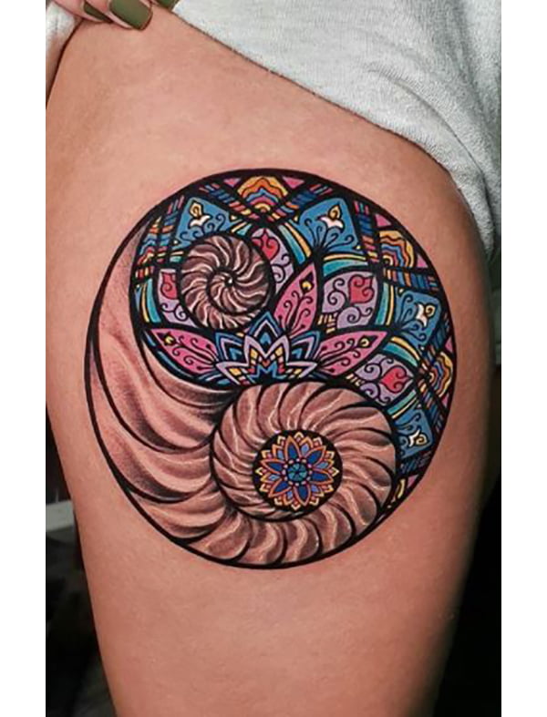 Nautilus Shell Mandala Flower Yin-Yang Color Tattoo