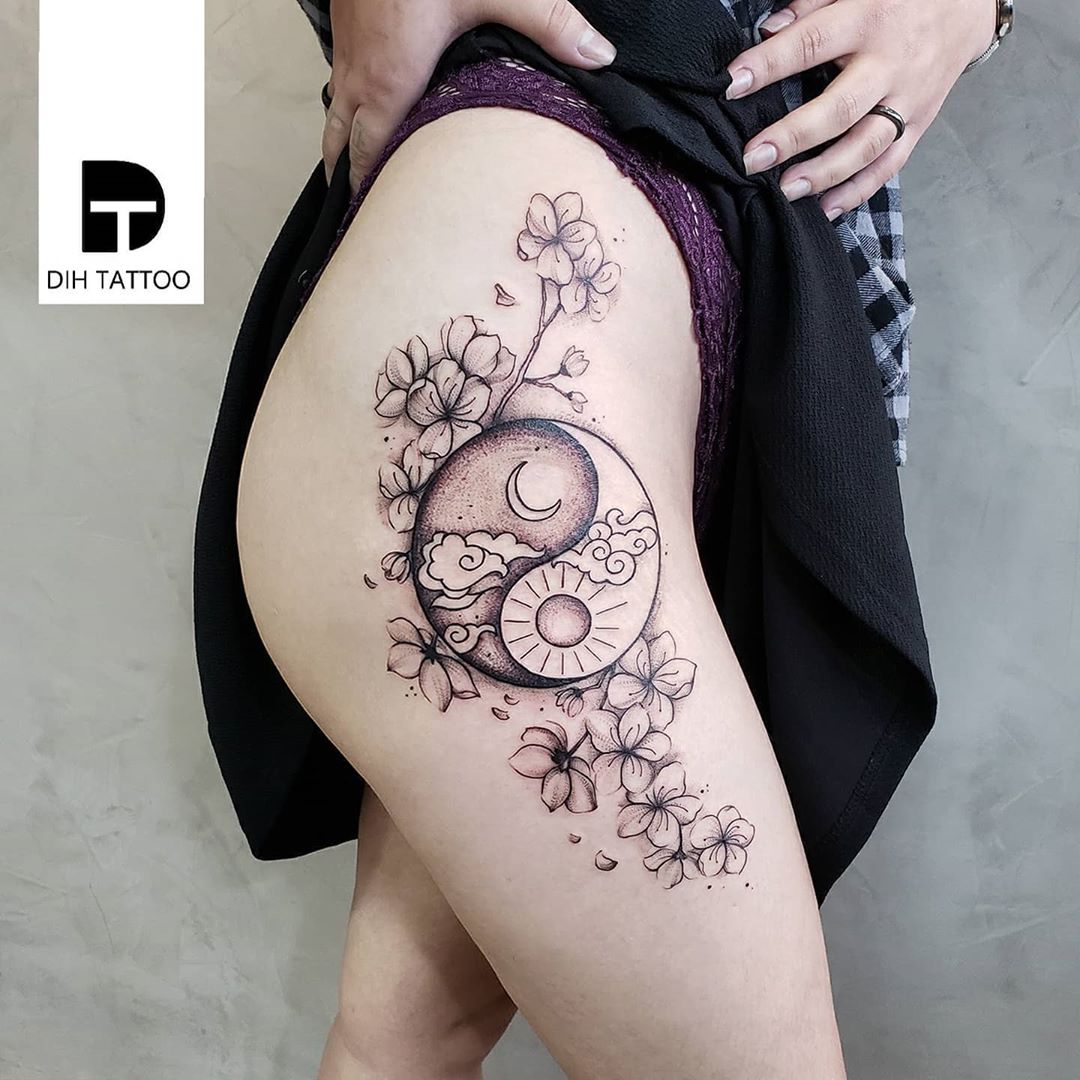 Sakura Yin-Yang Sun & Moon Tattoo