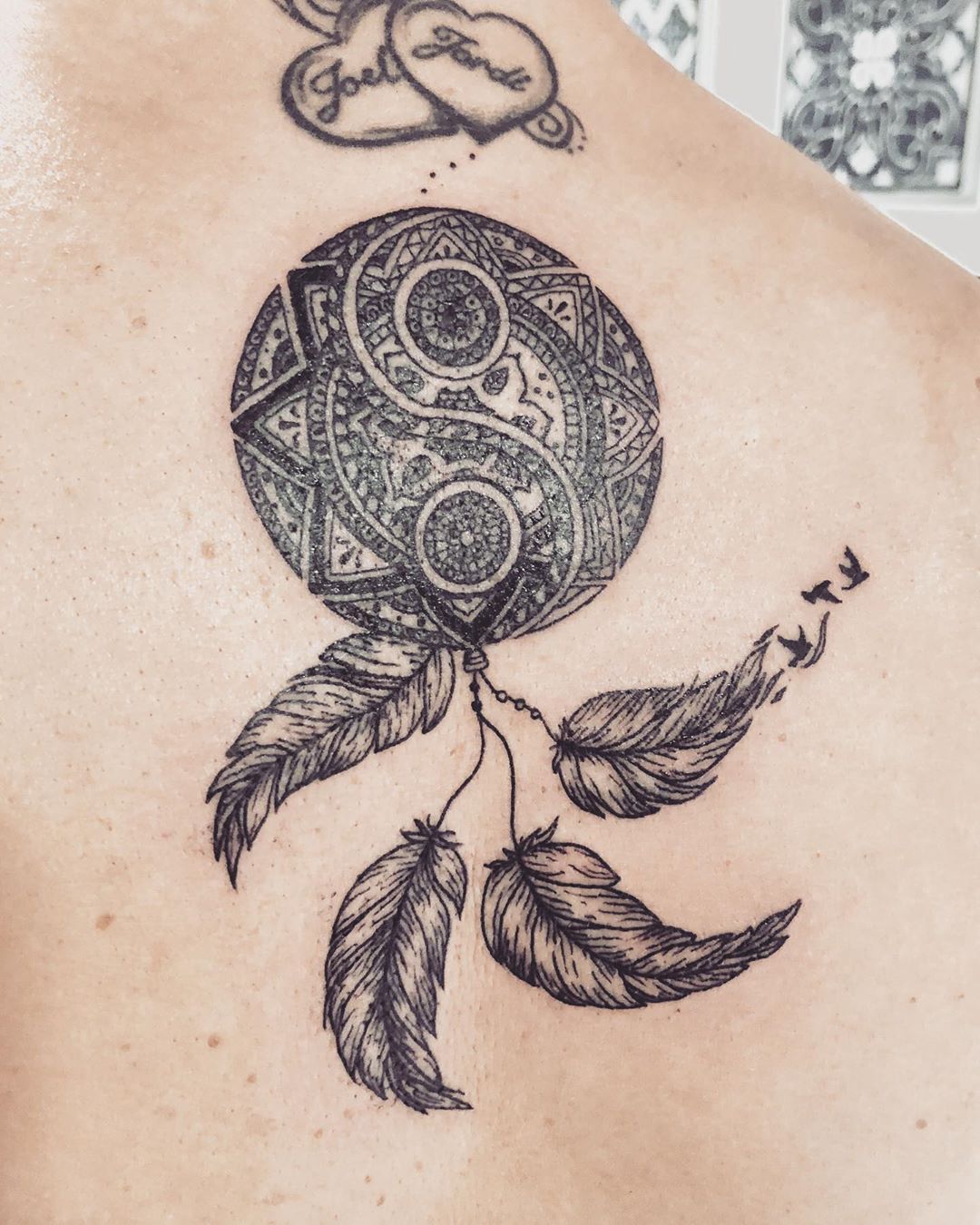 Mandala Dreamcatcher Yin Yang Tattoo Design with Feathers