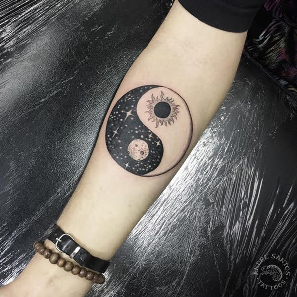 Black Sun with Moon and Stars Yin-Yang Tattoo