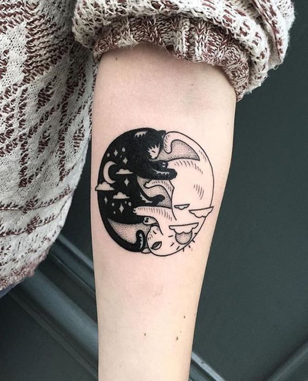 Illustrative Cats Yin-Yang Sun and Moon Tattoo Design