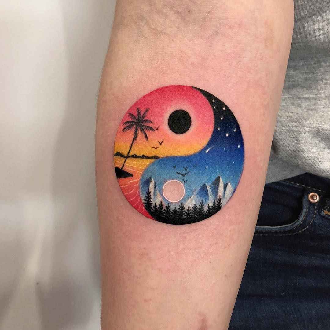 Color Yin-Yang Landscape Mountain Tropics Tattoo