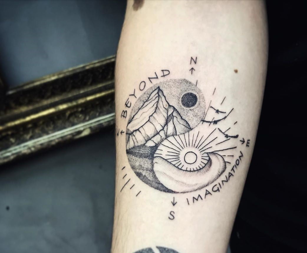 Mountain Ocean Compass Yin-Yang Illustrative Style Tattoo