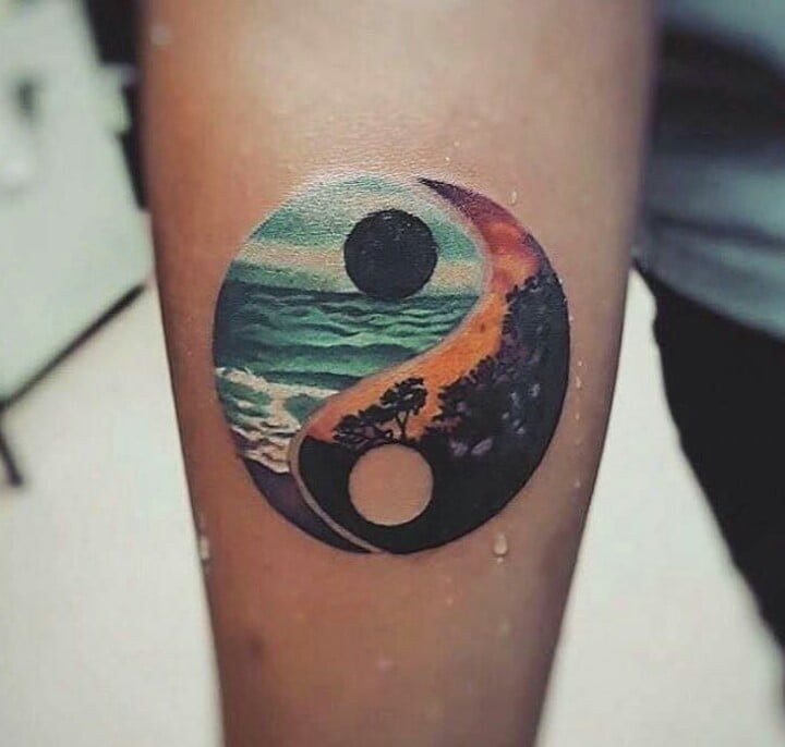 Forest and Ocean Yin-Yang Color Tattoo