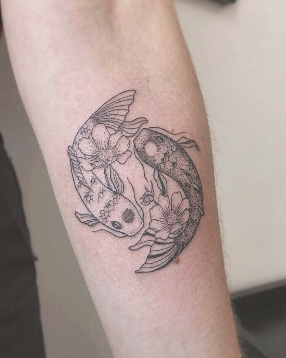 Illustrative Yin-Yang Koi Fish Flower Tattoo