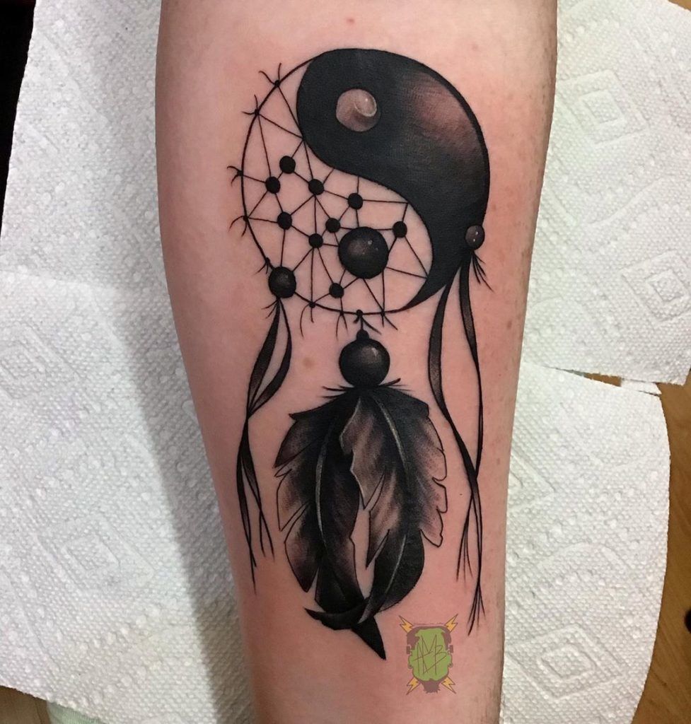 Dreamcatcher with Feathers Yin-Yang Blackwork Tattoo