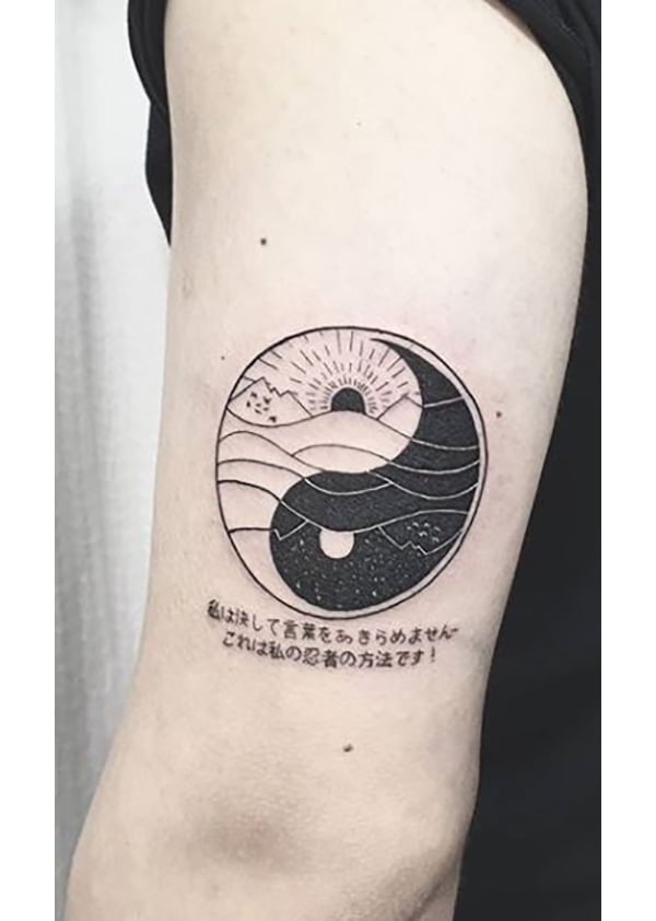 Day and Night Yin-Yang Mountains Linework Tattoo